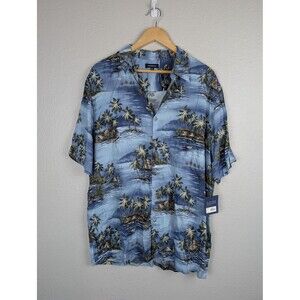Croft & Barrow Shirt Mens Large Blue Hawaiian Scenic Rayon‎ Button Up Tropical